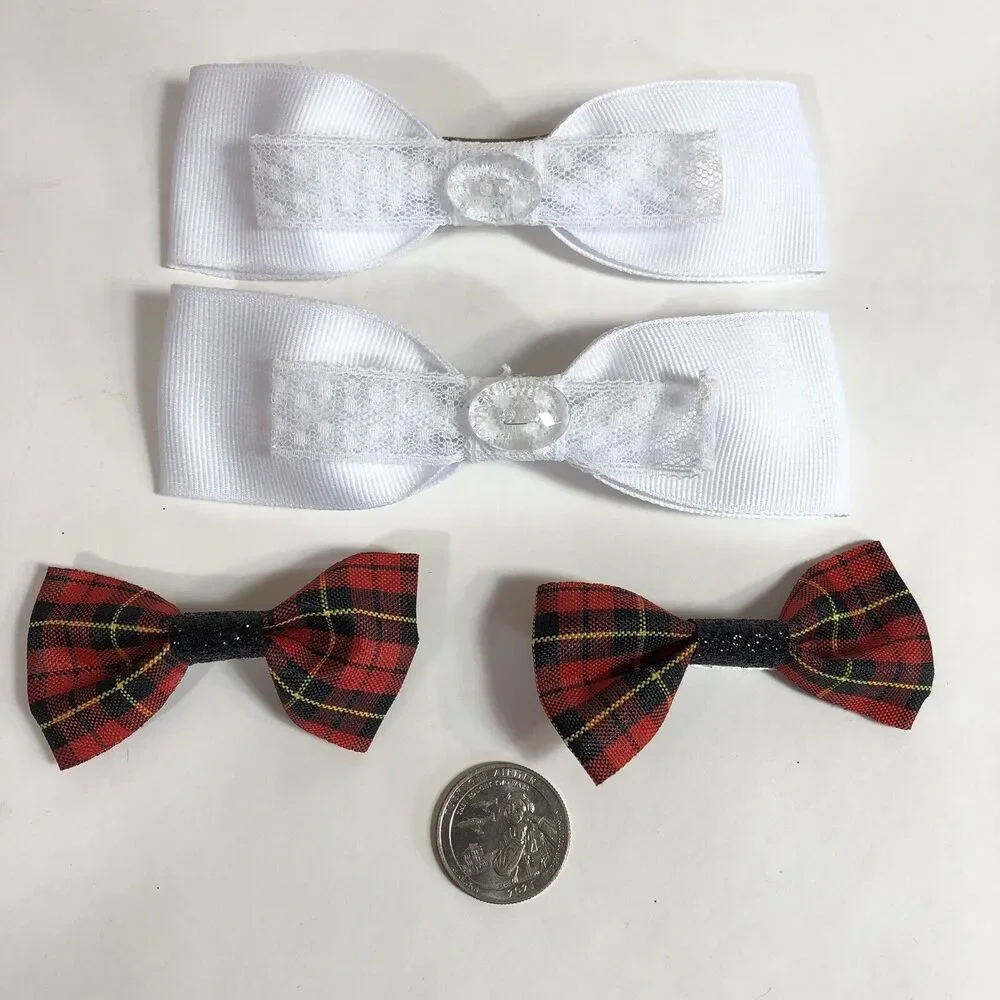 Hair Clip Barrette Lot Ribbon Bow - White and Red Plaid - Trendy New Coquette